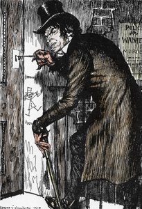 Mr. Hyde vender hjem efter en nat med eventyr for at tage modgiften og genoptage udseendet af Dr. Jekyll, Illustration af Edmund Joseph Sullivan (1869-1933) til romanen L