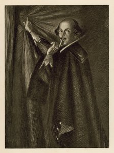 William Shakespeare holder gardinet og beder os være stille (litho) af Edmund Joseph Sullivan