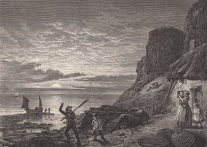 Fiskere, far og søn, siger farvel til deres familie (gravering) af Edmund Morison (after) Wimperis