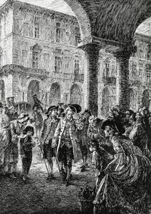 Møde under Torinos arkader, illustration til Stormen, Satet, Torino af Edoardo Calandra