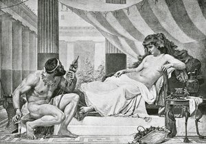 Herkules ved Omphales fødder (litografi) af Edouard-Joseph (after) Dantan