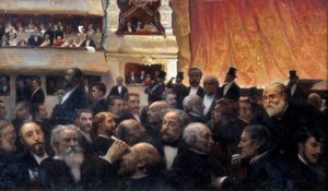 Pause, en premiere på den franske komedie Blandt tilskuerne: i badekarret, Henri Rochefort og Leon Gambetta, i avantscenens omklædningsrum øverst, Jules Ferry, d