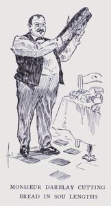 Det bohemeagtige Paris: Monsieur Darblay skærer brød i sou-længder (litografi)