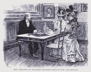 Det bohemeagtige Paris: Paul Verlaine ved Voltaires yndlingsbord på Cafe Procope (litho)