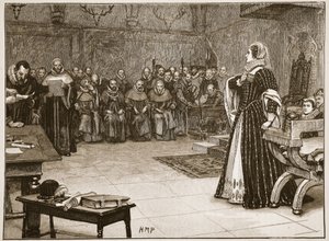 Retssag mod Mary Queen of Scots i Fotheringhay Castle, illustration fra 