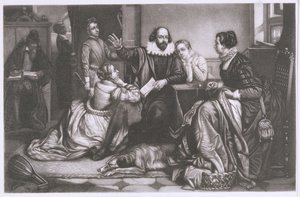 Shakespeare med sin familie, i Stratford, reciting the Tragedy Hamlet (stipple gravering og radering)