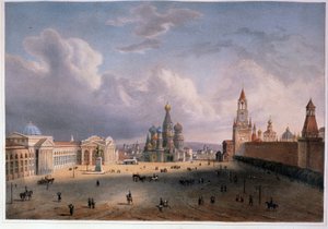 Udsigt over Den Røde Plads i Moskva (Rusland). Værk af Edouard Jean Marie Hostein (1804-1889), litografi farvet i akvarel, ca. 1830, fransk kunst fra det 19. århundrede. A. Pushkin Memorial Museum, Sankt Petersborg. af Edouard Jean Marie Hostein