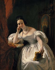 Ung pige med et portræt, ca. 1840.