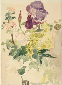 Blomsterstykke med iris, laburnum og geranium. 1880 af Édouard Manet