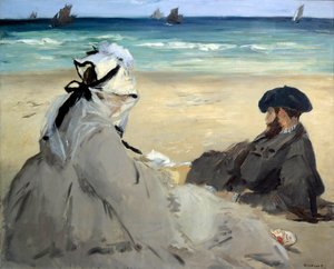 På stranden Repræsentation af Suzanne Manet, kone til kunstneren og hans bror Eugene på Berck sur mer stranden (Berck-sur-Mer). Maleri af Edouard Manet (1832-1883) Ete 1873 Søn. 0,59x0,73 m Paris musee d