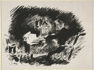 Under lampen, første illustration til Mallarmés oversættelse af Poes «Ravnen» af Édouard Manet