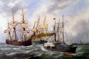 To trailere med tre måtter af Le Neptune au Havre i 1882 Maleri af Edouard Adam (1847-1929) 1882 Paris, Musee de la Marine