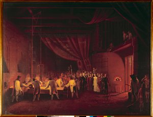 Marie Caroline de Bourbon Sicilien, hertuginde af Berry (1798-1870), besøgte fabrikkerne i Saint Gobain i 1822. Arbejderne lavede en bordstøbning af glas. Maleri af Edouard Pingret (1788-1875) 1824 Privat samling