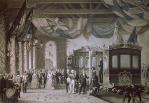 Dronning Victoria (1819-1901) og Prins Albert (1819-61) ankommer til Gosport Station, Hampshire, indgraveret af Bayot & Cuvilier, 1846
