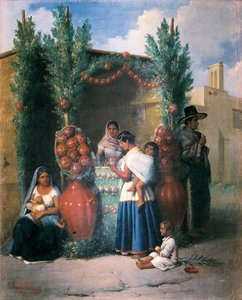 Scene nær en forfriskningsbar i en gade i Mexico: en kvinde ammer sit barn, en anden tager en drink og bærer sit barn på ryggen, et barn leger på jorden. Maleri af Edouard Pingret (1788-1875), midten af ​​det 19. århundrede. Mexico City. Nationalbank