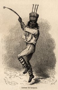En danser i Sarayacu (Peru), tegning af Riou, for at illustrere Paul Marcoys rejse fra Stillehavet til Atlanterhavet fra 1848 til 1860. Indgravering i "" Le tour du monde"", redigeret af Edouard Charton af Edouard Riou