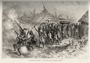 En begravelse i Siene-re (Siene Re), i Fourou (Mali), krydser funebre cortege landsbyen, ledet af de bevæbnede mænd fra den afdødes familie, fulgte kvinderne iført kohaler og liget af den afdøde, bundet i en måtte. Stik af Riou, til illustr af Edouard Riou