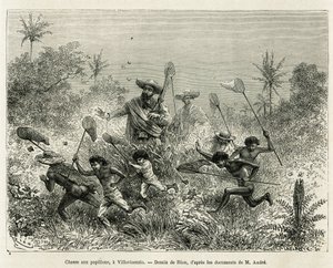 En flok børn jagede efter sommerfugle, ledsaget af forfatteren, en Villavicensio (Colombia), tegning af Riou, for at illustrere historien om Equinoxiale America (Colombia, Ecuador, Peru), i 1875-1876, af Ed. andre, rejsende med ansvar for mission af F af Edouard Riou