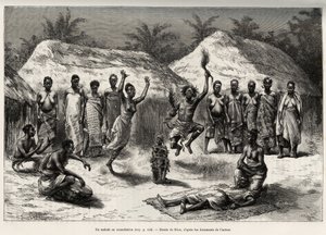 En patient i samråd med agni (eller anyi, Elfenbenskysten), troldlægen udfører en dans, efter at have placeret en fetiche foran patientens løgne. Gravering af Riou, for at illustrere historien "" Fra Niger til Guineabugten"" af kaptajn Louis Gu af Edouard Riou
