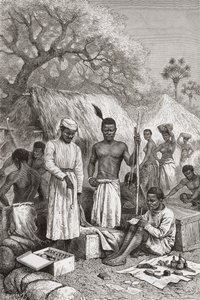 Abdullah Souzi, Jacob Wainright and James Chouma, Drs. David Livingstone "s three servants, taking stock of his belongings after his death in 1873, illustration from" The World in the Hands ", engraved by Charles Barbantdani af Edouard Riou
