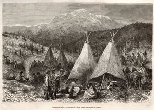 En indisk lejr på Utahs territorium ved bredden af Riviere Verte. Gravering efter tegningen af E.Riou, for at illustrere historien La conquete blanche, af William Hepworth Dixon, i 1875, udgivet i "" Le tour du monde""" 1876, redigeret af Edouard Charto af Edouard Riou