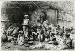 En eftermiddag hos Sheik of the Gobrons favorit, kvindeaktiviteter: broderi og spinding af uld, kurvefletning og keramik. Gravering af Riou, for at illustrere historien "" Voyage chez les Benadir, les somalis et les Bayoun"", i 1882-1883, af Georges Rev. af Edouard Riou