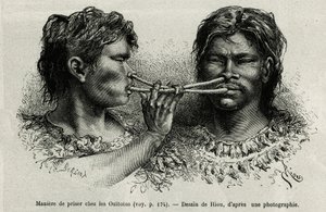 Et instrument lavet af fugleben og en måde at snuse på blandt indianerne ouitotos (uitoto), der blæser i kor, sender de samtidig fangsten. Gravering af Riou, for at illustrere historien om Cayenne aux Andes, af Jules Crevaux, læge i den franske flåde, af Edouard Riou