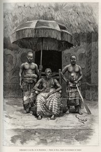 Ardjoumani (død 1892) og hans sønner, konge af Bondoukou (Elfenbenskysten). Gravering af Riou, for at illustrere historien "" Fra Niger til Guineabugten"" af kaptajn Louis Gustave Binger (1856-1936), i 1887-1889, i Le tour du monde, nouveau journal des voy af Edouard Riou