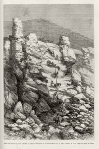 Aspekt af højderne med lodrette vægge på Dasoulami- og Bobodioulasou-plateauet (Guineabugten), beskrivelse af teknikkerne til at kroge ekspeditionskonvojens bjerge. Gravering af Riou, for at illustrere historien "" Fra Niger til Gui-bugten af Edouard Riou