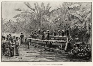 Batak-kvinder, etnisk gruppe i det nordlige Sumatra, banker og renser ris. Gravering af Riou for at illustrere historien "et år i Malaysia" af Jules Claine (1856-1939) af Edouard Riou