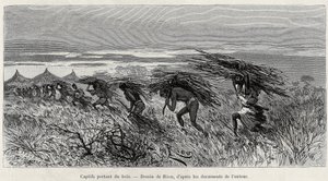 Fanger bærer træ i bushen. Indgravering af Riou, for at illustrere historien "" Fra Niger til Guineabugten", af kaptajn Louis Gustave Binger (1856-1936), i 1887-1889, i Le tour du monde, nouveau journal des voyages, under ledelse af Edouar af Edouard Riou