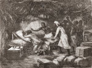 Death of Dr. Livingstone in the village of Tchitammbo, Africa, in 1873, illustration from "The World in the Hands", published 1878dani af Edouard Riou