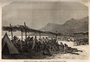 Uddeling af mad i Keauhou, efter jordskælvet og vulkanudbruddet i 1868, til ofrene for katastrofen, gravering efter tegningen af E.Riou, der illustrerer rejsen til Sandwichøerne, i 1855-1869, af C. de Varigny, udgivet i "" Le af Edouard Riou
