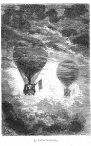 Tegning af Jules Vernes bog "Five weeks en Ballon"-samlingen Hetzel/Extraordinary Travels. Victoriaballonen møder en anden ballon i skyerne