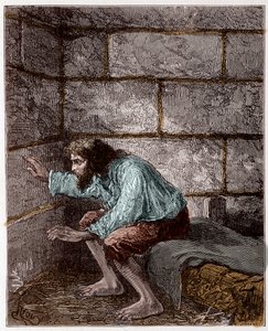 Edmond Dantes, alias greven af Monte Cristo (Monte Cristo) i sit fængsel - Indgravering af Riou, i "Greven af Monte-Cristo" af Alexandre Dumas
