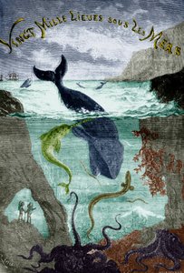 Forsiden til Jules Vernes roman 20.000 leagues under the sea (1870) , kobberstik, farvelagt dokument af Edouard Riou