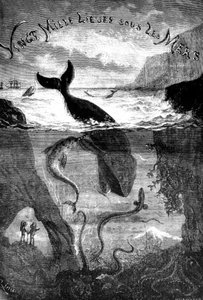 Forsidebillede til Jules Vernes roman 20.000 sømil under havet af Edouard Riou