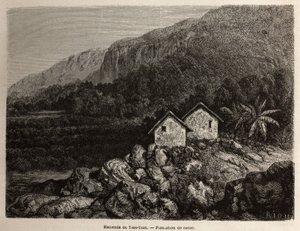 Hacienda af Tian Tian, Peru og kakaoplantage, tegning af Riou, for at illustrere Paul Marcoys rejse gennem Sydamerika fra 1848 til 1860. Indgravering i "" Le tour du monde"", redigeret af Edouard Charton af Edouard Riou