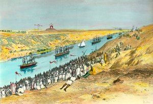 Indvielse af Suez-kanalen Kanalen blev skabt for at forbinde Det Røde Hav med Middelhavet. Illustration af Edouard Riou (1833-1900) 1869 Privat samling af Edouard Riou