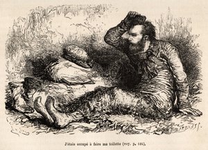 Løjtnant Tyson indtog sit morgentoilet, en kam før han tog sine støvler på, ætset efter en tegning af E.Riou, der illustrerer historien om Polaris, isflåde, af løjtnant Tyson, i 1870-1873, udgivet i "" Le tour du monde””” 1875, redigeret af Edou af Edouard Riou