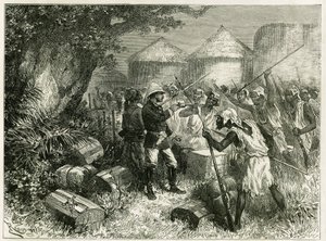 Løjtnant Valliere forsvarer sig mod indbyggerne i Sibi (eller Siby), en Mandingo-landsby i Upper Niger (nutidig Mali), hvis indbyggere blev meget forstyrret af ankomsten af efterforskningens løsrivelse. Gravering af Riou, baseret på en skitse af af Edouard Riou