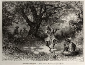 Mød to griots, Kaptajn Binger, der sidder i skyggen, nyder showet. Gravering af Riou, for at illustrere historien "" Fra Niger til Guineabugten"" af kaptajn Louis Gustave Binger (1856-1936), i 1887-1889, i Le tour du monde, nouveau journal des voy af Edouard Riou
