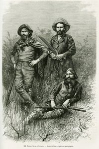 Medlemmer af ekspeditionen: Mr. Thouar (forlængelse), Mr. Novis (stående til venstre) og Mr. Valverde (stående til højre). Gravering af Riou, for at illustrere historien Voyage dans le Chaco Boreal af Edouard Riou