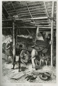 Morgenangreb på opdagelsesrejsendes hytte af indianere fra Amazonas bredder. Gravering af Riou, for at illustrere historien om Cayenne aux Andes, af Jules Crevaux, læge for den franske flåde, i 1878-1879, udgivet i Tour du monde, under ledelse af af Edouard Riou