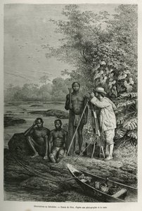 Observation ved theodolite, Dr. Crevaux med sine måleinstrumenter og sit hold af guider og portører, i fuld arbejdsgang, gravering efter en tegning af Riou, for at illustrere historien De Cayenne aux Andes, af Jules Crevaux, læge i den franske flåde, i af Edouard Riou