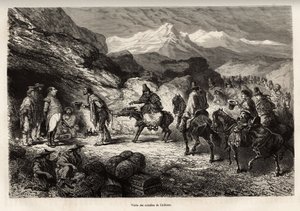 P.Marcoy finder en ven, som blev åndens oberst og post i en hule i nærheden af søen Cailloma, sammen modtager de besøg af byens notabiliteter, ætset efter en tegning af E.Riou, der illustrerer rejsen i bjergene , Huarancalqui v af Edouard Riou