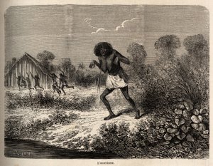 Panik blandt Conibos-indianerne, som flygtede ved ankomsten af Paul Marcoys ekspedition nær Tumbaya (Peru), som selv var offer for en ond besværgelse af en gammel indianer, tegnet af Riou for at illustrere rejsen fra 1848 til 1860 af P. Marcoy, fra th af Edouard Riou