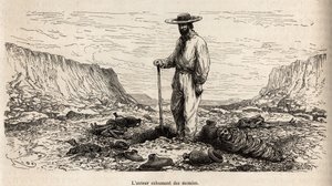 Paul Marcoy exhumant des mummies Incas (Bas Peru), gravering af E.Riou, der illustrerer rejsen i bjergene, Huarancalqui-dalen og regionerne Pjonal, fra 1862 til 1863, af Paul Marcoy, udgivet i "Le tour du monde" ” 1875, redigeret af Edou af Edouard Riou