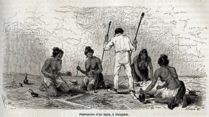Paul Marcoy lærte at lave et tæppe med enkerne fra Sarayacu (Peru), tegning af Riou, for at illustrere Paul Marcoys rejse fra Stillehavet til Atlanterhavet fra 1848 til 1860. Indgravering i "" Le tour du monde"", redigeret af Edouard Charton af Edouard Riou