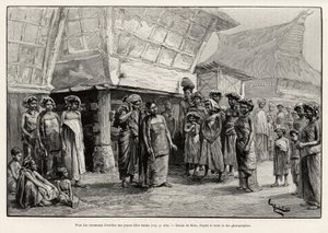 Spiller ørepynt til Batak-piger, etnisk gruppe i det nordlige Sumatra. Gravering af Riou for at illustrere historien "et år i Malaysia" af Jules Claine (1856-1939) af Edouard Riou